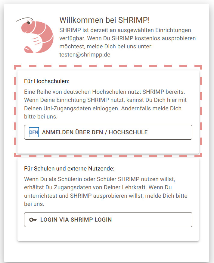 Login-Maske von SHRIMP - Login für Hochschulen